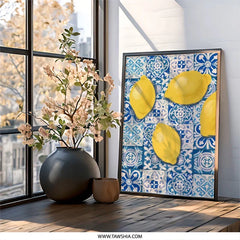 Lemon Wall Art, Kitchen Decor, Tile Background, Citrus Print, Summer Decor, Fruit Wall Decor, Mediterranean Art, Blue and Yellow Wall Art - Tawshia
