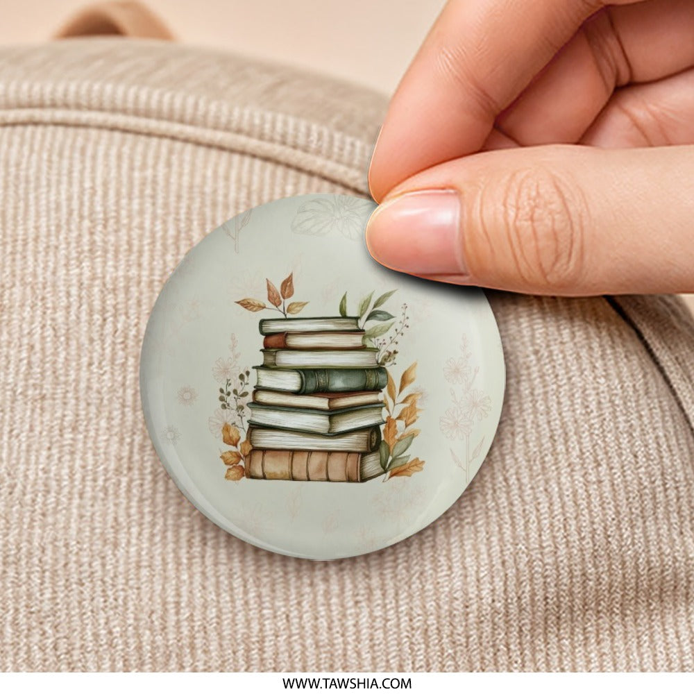 Stacked Books Pinback Button, Watercolor Book Lover Gift, Library Button Badge, Reader Accessories, Cute Button Pin, Teacher Gift Idea - Tawshia