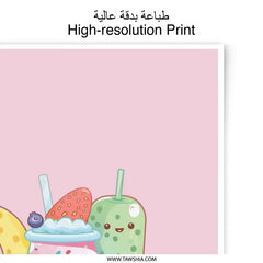 Cute Food Photographic Print, Kawaii Fruit Art, Cartoon Dessert Illustration, Pastel Pink Decor, Whimsical Kitchen Art - Tawshia