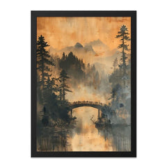 Misty Mountain Bridge Wall Art, Landscape Painting Print, Asian Inspired Art, Forest Reflection Print, Nature Home Decor - Tawshia