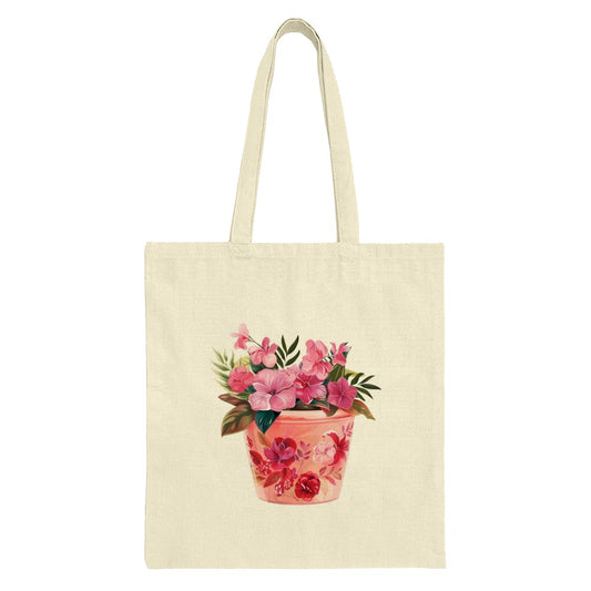 Floral Tote Bag, Pink Hibiscus Flower Pot Design, Stylish Everyday Bag, Reusable Shopping Bag, Gift for Plant Lovers, Trendy Canvas Tote - Tawshia
