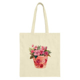 Floral Tote Bag, Pink Hibiscus Flower Pot Design, Stylish Everyday Bag, Reusable Shopping Bag, Gift for Plant Lovers, Trendy Canvas Tote - Tawshia