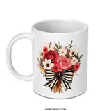 Floral Bouquet Mug, Rose Flower Coffee Cup, Striped Bow Mug, Gift Idea, Pretty Tea Mug, Special Occasion Cup, Trendy Mug - Tawshia