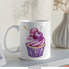 Cupcake Mug, Watercolor Dessert Mug, Cherry Topping Mug, Foodie Gift, Sweet Treat Mug, Unique Coffee Mug, Birthday Gift, Gift for Baker - Tawshia