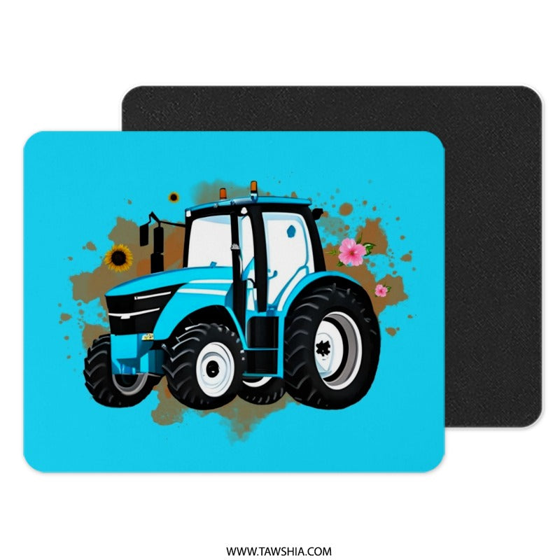 Blue Tractor Mouse Pad, Farm Vehicle Computer Mat, Countryside Decor, Farming Gift, Cute Sunflower, Pink Flower, Office Desk Accessory - Tawshia