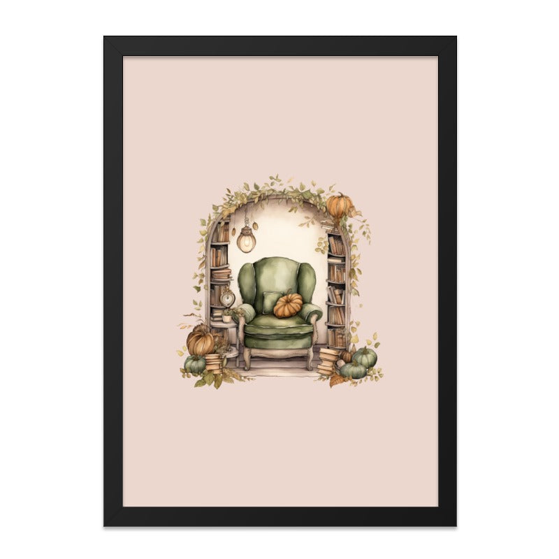 Cozy Reading Nook Wall Art, Autumn Pumpkins Decor, Home Library Print, Whimsical Book Lover Gift, Fall Wall Decor, Literary Wall Hanging - Tawshia