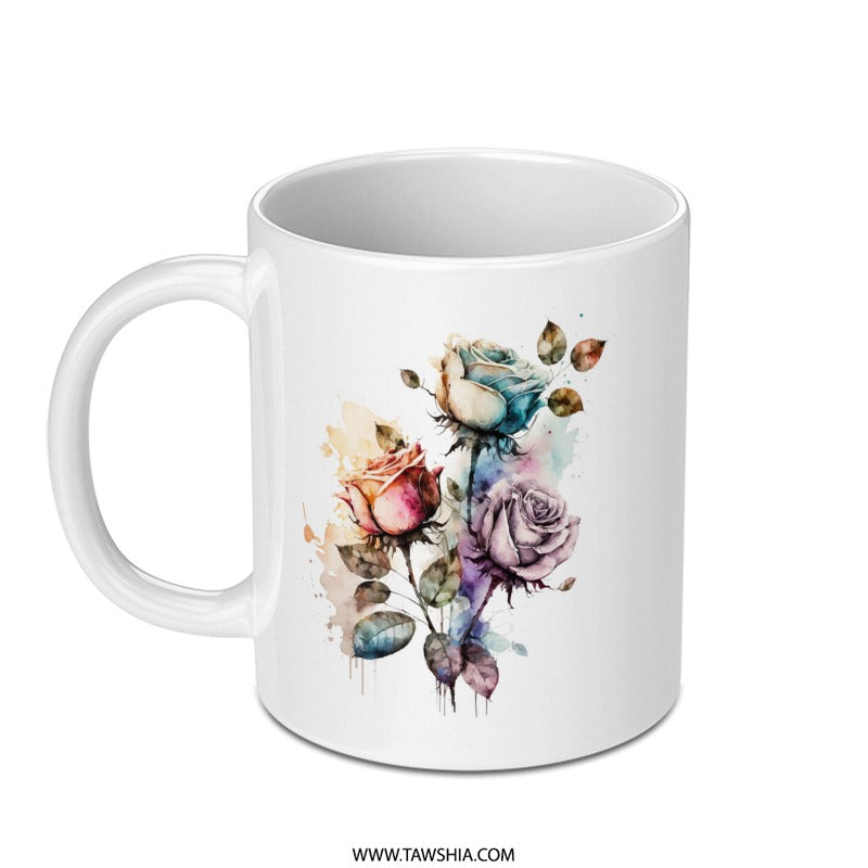Watercolor Roses Mug, Floral Coffee Cup, Botanical Art Mug, Colorful Flower Gift Mug, Elegant Drinkware, Artistic Tea Mug, Gift for Her - Tawshia