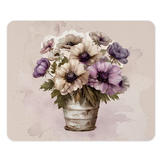 Anemone Floral Mouse Pad, Watercolor Flower Bouquet Mousepad, Purple Beige Flowers Desk Decor, Unique Computer Accessories - Tawshia