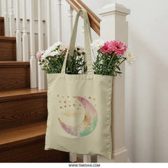 Celestial Crescent Moon Tote Bag, Watercolor Stars Bag, Boho Chic Handbag, Lunar Phase Shopping Bag, Magical Gift Idea - Tawshia