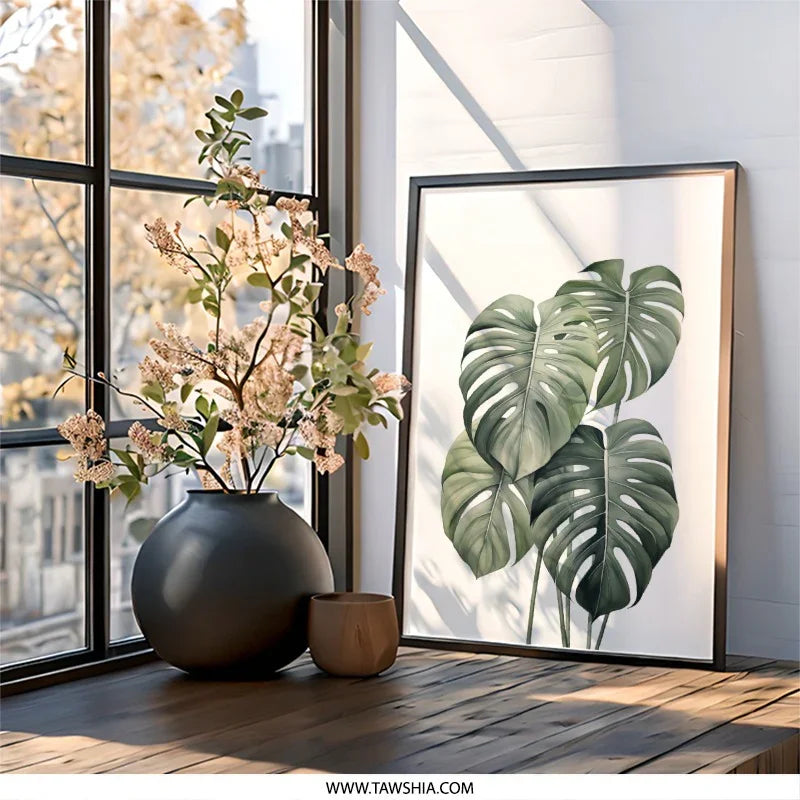 Monstera Deliciosa Wall Art, Tropical Leaf Print, Botanical Wall Decor, Modern Home Decor, Green Plant Art Print, Minimalist Art, Nature Art - Tawshia