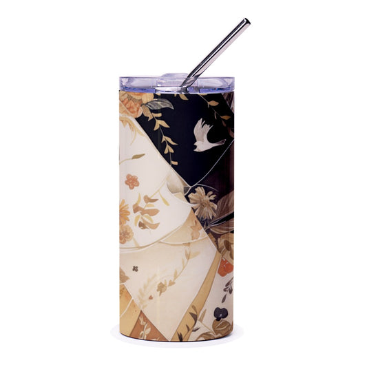 Floral Tumbler, White Dove Design, Elegant Drinkware, Stylish Tumbler, Unique Gift, Modern Cup, Bird Tumbler, Floral Patterned Tumbler - Tawshia