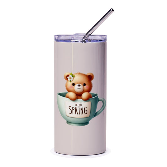Teddy Bear Tumbler, Hello Spring Tumbler, Cute Bear in Cup Tumbler, Spring Tumbler, Kawaii Tumbler, Gift for Her, Tumbler with Straw - Tawshia
