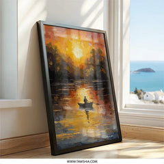 Golden Lake Wall Art, Sunset Landscape Art, Boat Painting Artwork, Serene Water Reflection Art, Nature Lover Gift Wall Decor - Tawshia