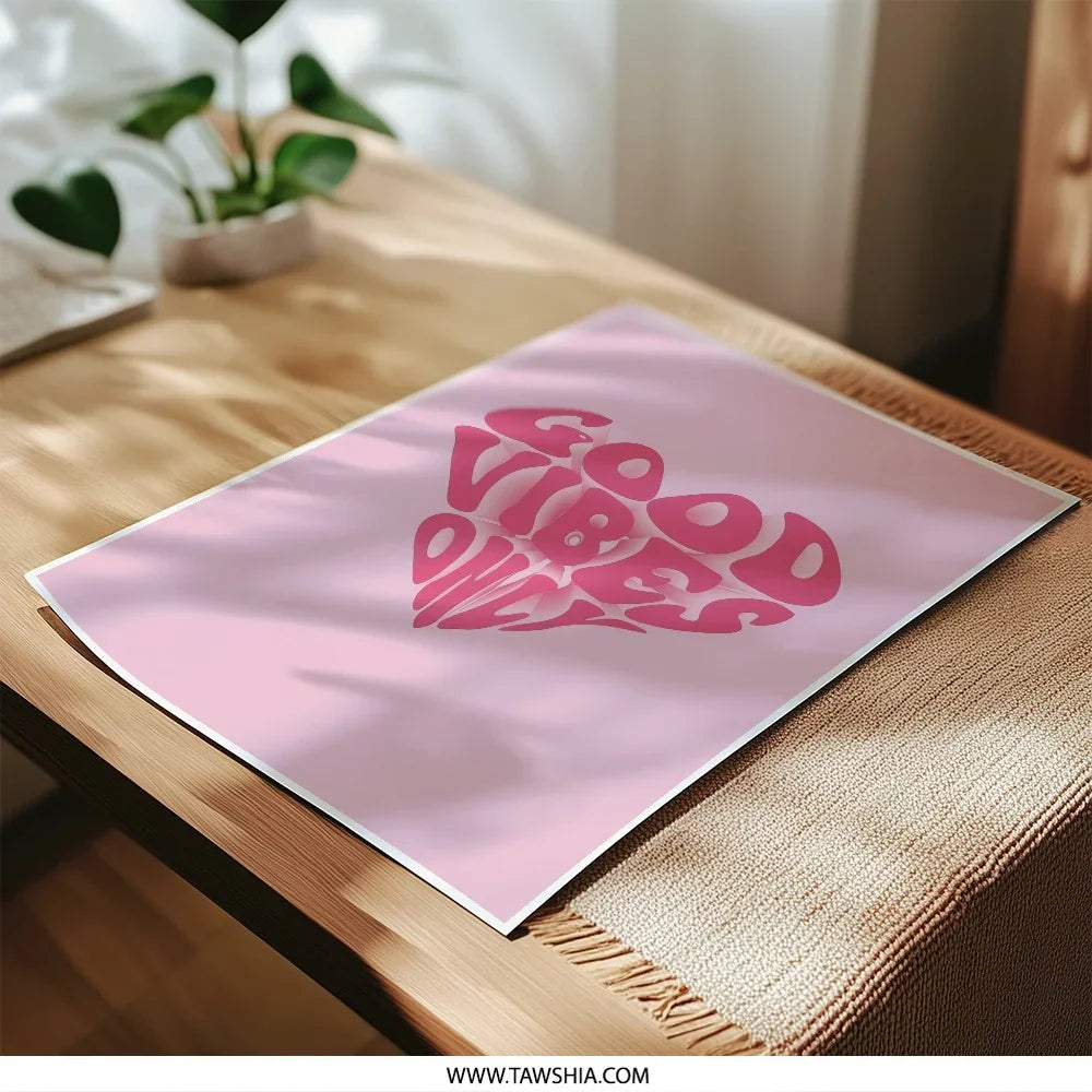 Good Vibes Only Photographic Print, Pink Heart Art Print, Positive Energy Wall Decor, Inspirational Quote Poster, Trendy Home Decor - Tawshia