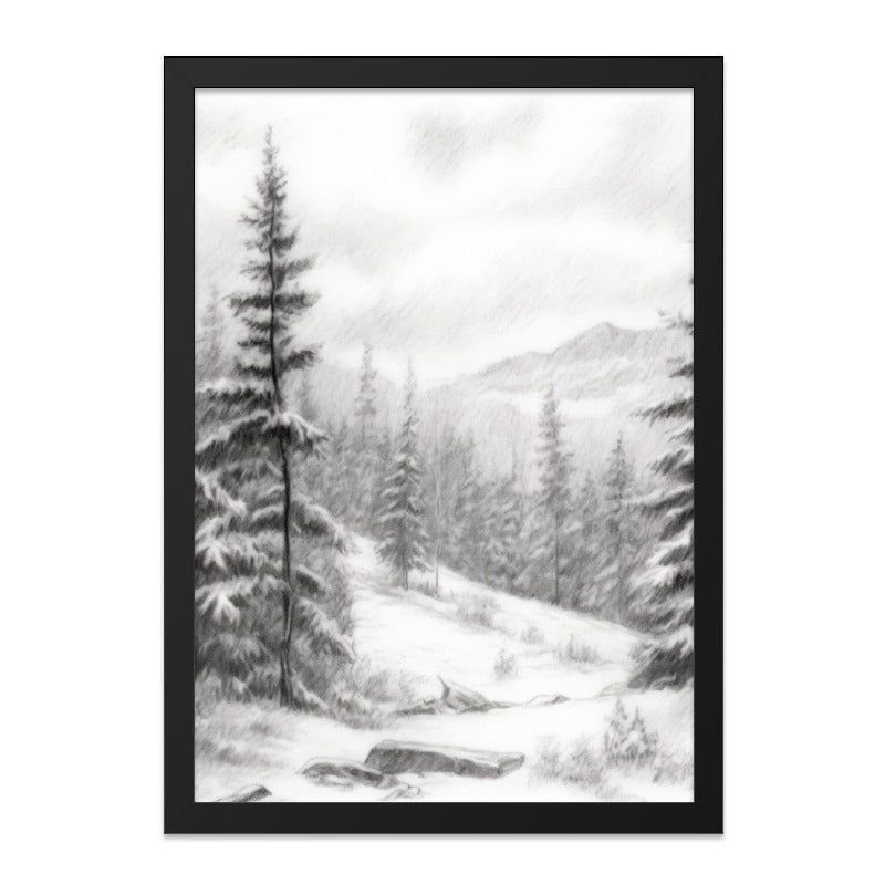 Winter Forest Wall Art, Snowy Mountain Print, Pencil Drawing Landscape, Nature Scene Decor, Winter Trees Art, Monochrome Artwork, Framed Art - Tawshia