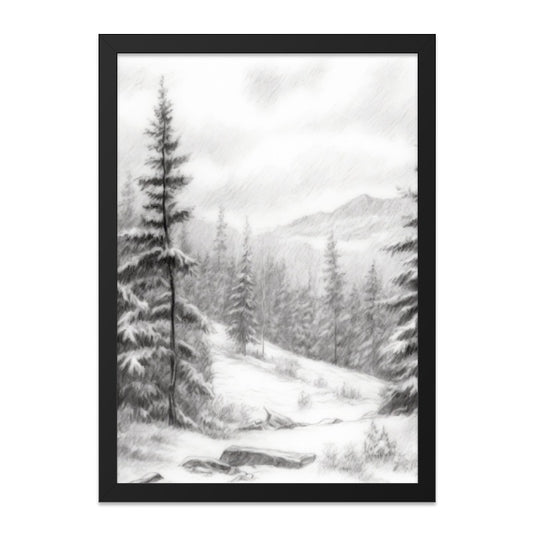 Winter Forest Wall Art, Snowy Mountain Print, Pencil Drawing Landscape, Nature Scene Decor, Winter Trees Art, Monochrome Artwork, Framed Art - Tawshia