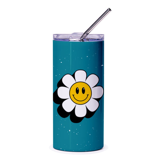 Smiley Face Tumbler, Retro Flower Tumbler, Positive Vibes, Cute Tumbler, Trendy Tumbler, Gift for Her, Stainless Steel Tumbler, Blue Tumbler - Tawshia