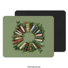 Book Wreath Mouse Pad, Reader Gift, Library Decor, Writer Desk Accessory, Book Lover Gift, Librarian Present, Books and Leaves Design - Tawshia