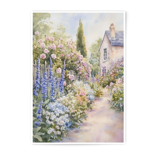 Watercolor Cottage Photographic Print, Floral Garden Path, Summer Landscape Art, Country Home Decor, Printable Wall Art - Tawshia