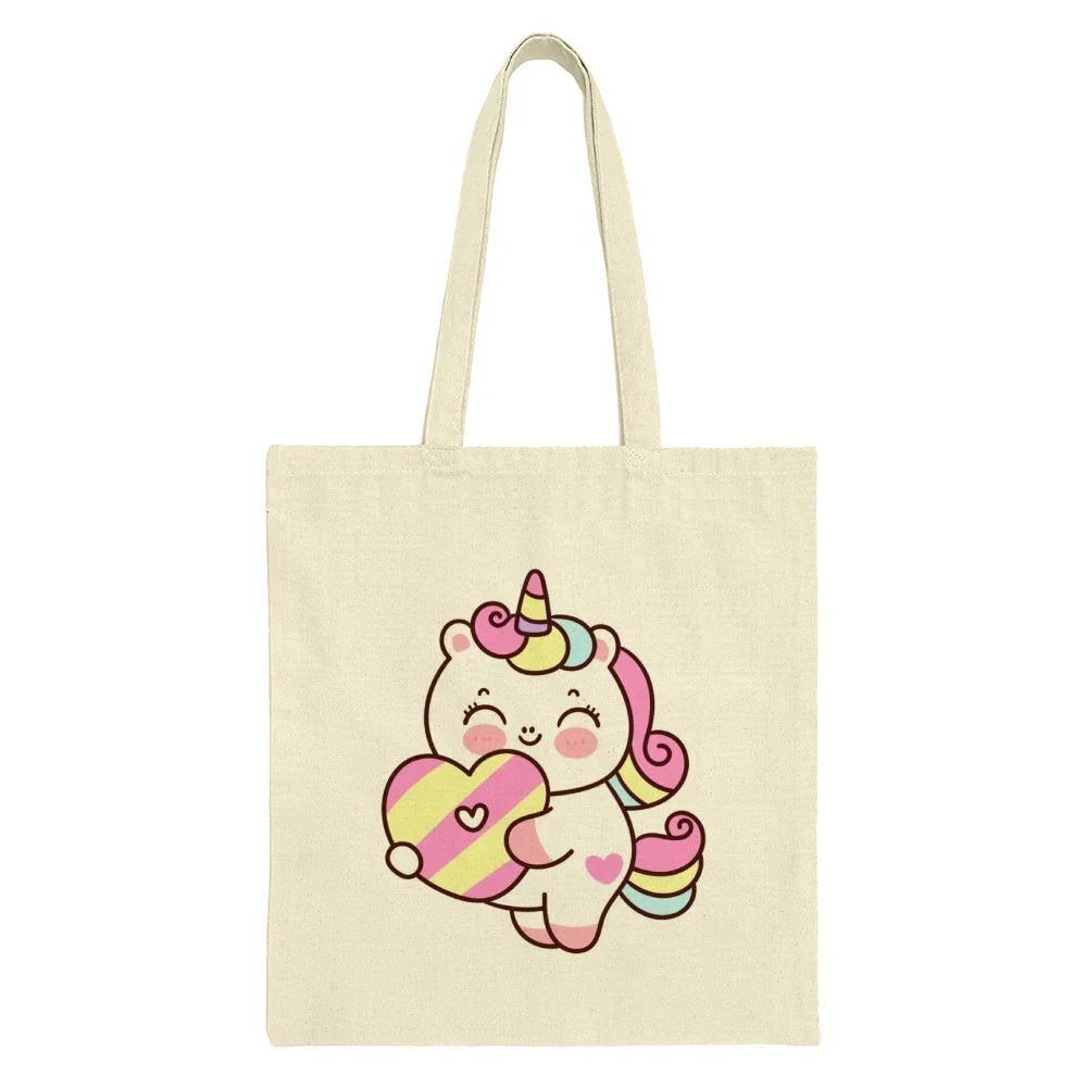 Cute Unicorn Tote Bag, Kawaii Unicorn, Heart Tote Bag, Pastel Unicorn, Cartoon Unicorn, Gift for Unicorn Lover, Magical Creature Tote - Tawshia
