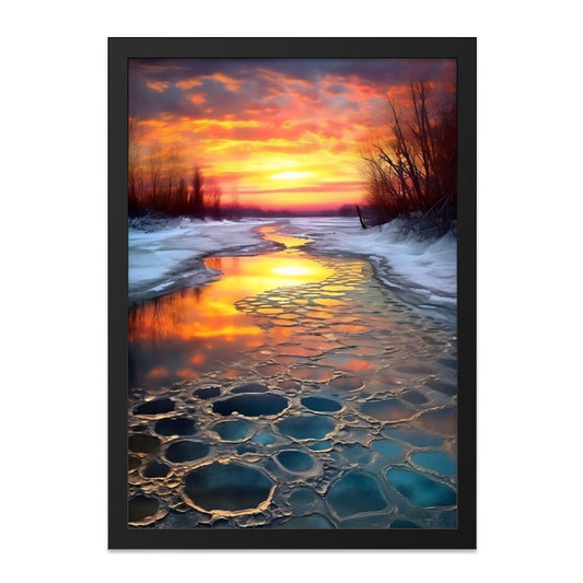 Winter Sunset Wall Art, Frozen River Painting, Landscape Print, Home Decor, Nature Photography, Scenic Artwork, Colorful Sky - Tawshia