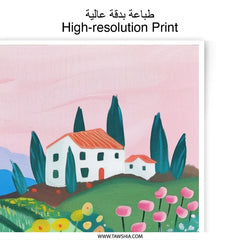 Tuscan Landscape Photographic Print, Italian Countryside Art Print, Floral Hillside, House and Cypress Trees, Summer Field Photograph - Tawshia