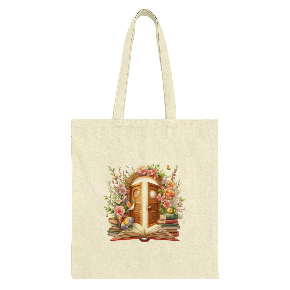 Floral Doorway Tote Bag, Book Lover Gift, Butterfly Design Bag, Whimsical Art Tote, Aesthetic Gift, Book Stack Art Bag, Reading Tote - Tawshia