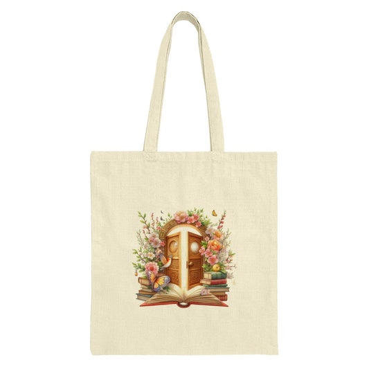 Floral Doorway Tote Bag, Book Lover Gift, Butterfly Design Bag, Whimsical Art Tote, Aesthetic Gift, Book Stack Art Bag, Reading Tote - Tawshia