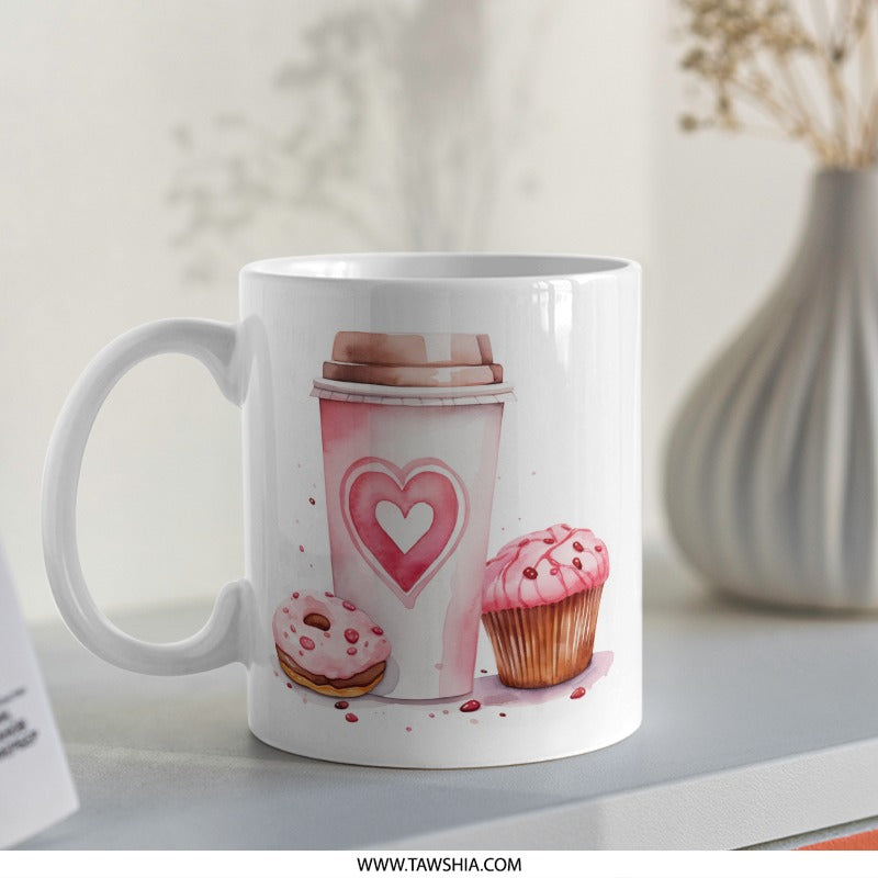 Pink Treats Mug, Watercolor Coffee Mug, Cupcake Donut, Heart Mug, Gift for Baker, Foodie Mug, Coffee Lover Gift, Cute Mug for Her - Tawshia