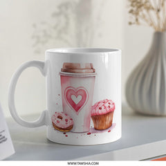 Pink Treats Mug, Watercolor Coffee Mug, Cupcake Donut, Heart Mug, Gift for Baker, Foodie Mug, Coffee Lover Gift, Cute Mug for Her - Tawshia