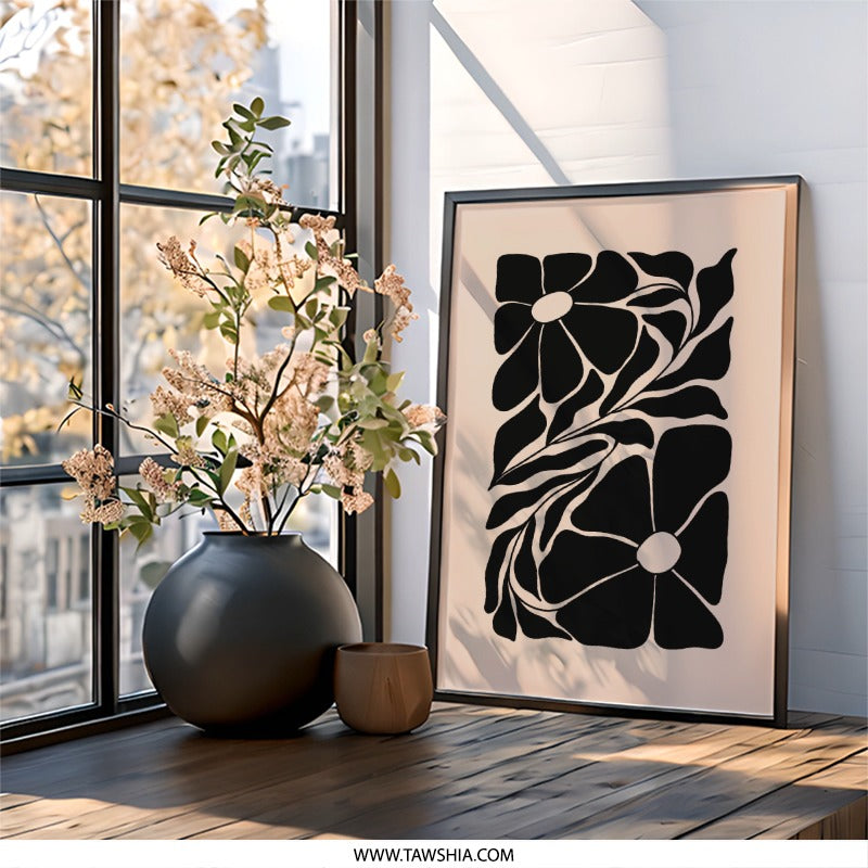 Abstract Flower Wall Art, Floral Print, Botanical Art Print, Minimalist Art, Modern Home Decor, Black and Beige Wall Art - Tawshia