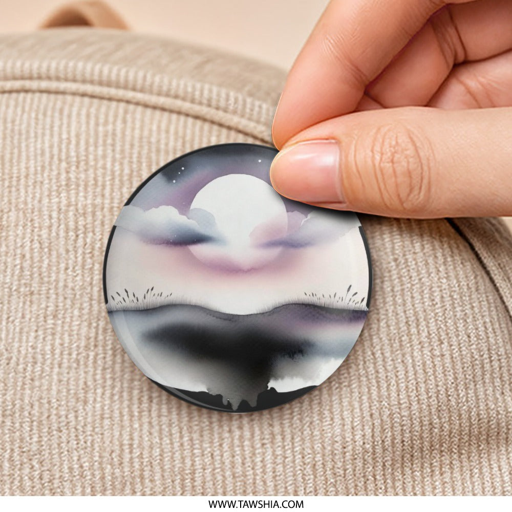 Moonlit Lake Pinback Button, Watercolor Art Badge, Celestial Landscape Accessory, Night Sky Illustration, Unique Gift Idea, Buttons - Tawshia