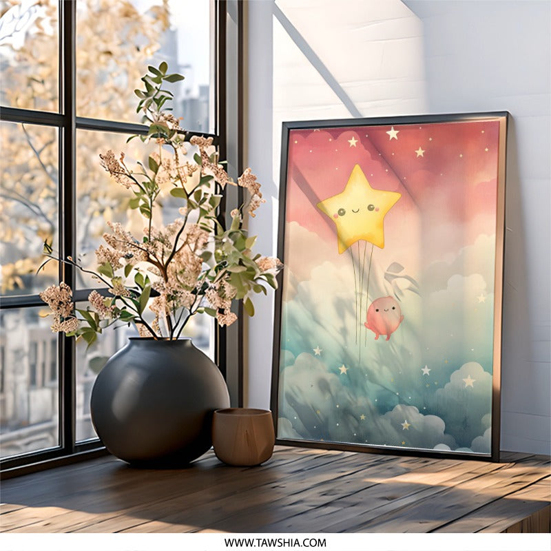 Dreamy Star Wall Art, Cute Character Print, Nursery Decor, Whimsical Kids Room Art, Star Balloon Artwork, Baby Shower Gift - Tawshia