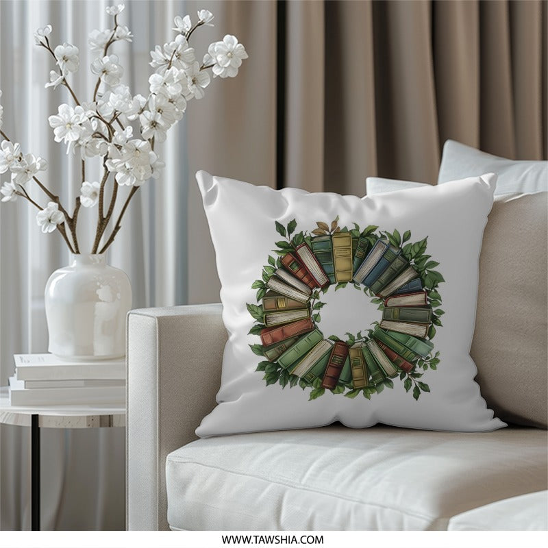 Book Lover Pillow, Wreath Pillow, Reading Nook Decor, Library Pillow, Bookish Gift, Home Decor Pillow - Tawshia