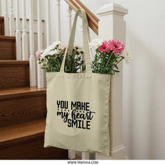 You Make My Heart Smile Tote Bag, Cute Graphic Tote, Inspirational Quote Bag, Gift for Her, Everyday Tote, Trendy Bag - Tawshia
