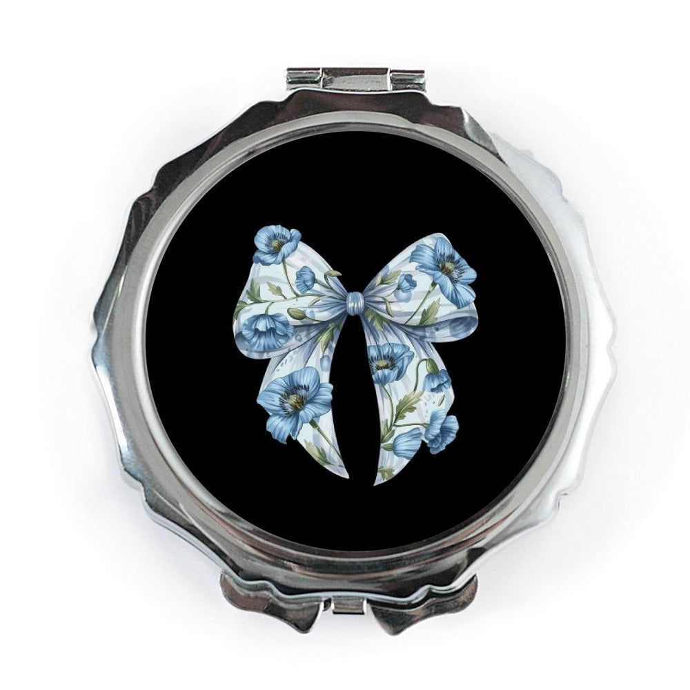 Blue Floral Bow Pocket Mirror, Cute Compact Mirror, Makeup Mirror, Purse Mirror, Trendy Gift for Her, Small Mirror for Travel - Tawshia