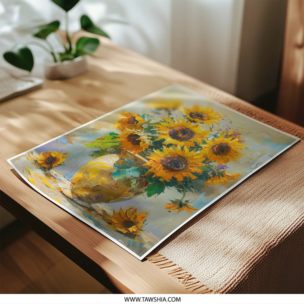 Sunflower Still Life Photographic Print, Floral Art Print, Impressionist Style, Yellow Flowers, Home Decor, Wall Art, Flower Vase - Tawshia