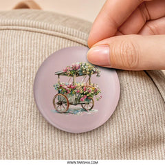 Floral Cart Pinback Button, Flower Cart Wheel Button, Spring Flower Cart, Watercolor Art Pinback Button, Cute Floral Button - Tawshia