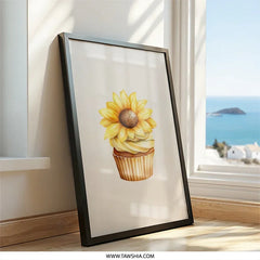 Sunflower Cupcake Wall Art, Floral Dessert Decor, Kitchen Art Print, Whimsical Home Decor, Yellow Flower Painting, Cute Food Illustration - Tawshia