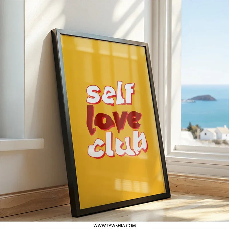 Self Love Club Wall Art, Retro Wall Decor, Positive Affirmations Print, Empowering Wall Art, Trendy Room Decor, Yellow Wall Art - Tawshia
