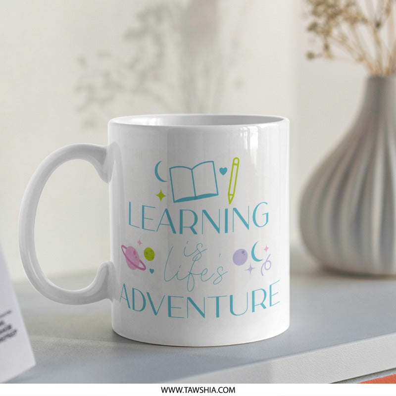Learning Adventure Mug, Educational Gift, Teacher Appreciation, Book Lover Gift, Inspirational Coffee Cup, Student Gift Idea - Tawshia