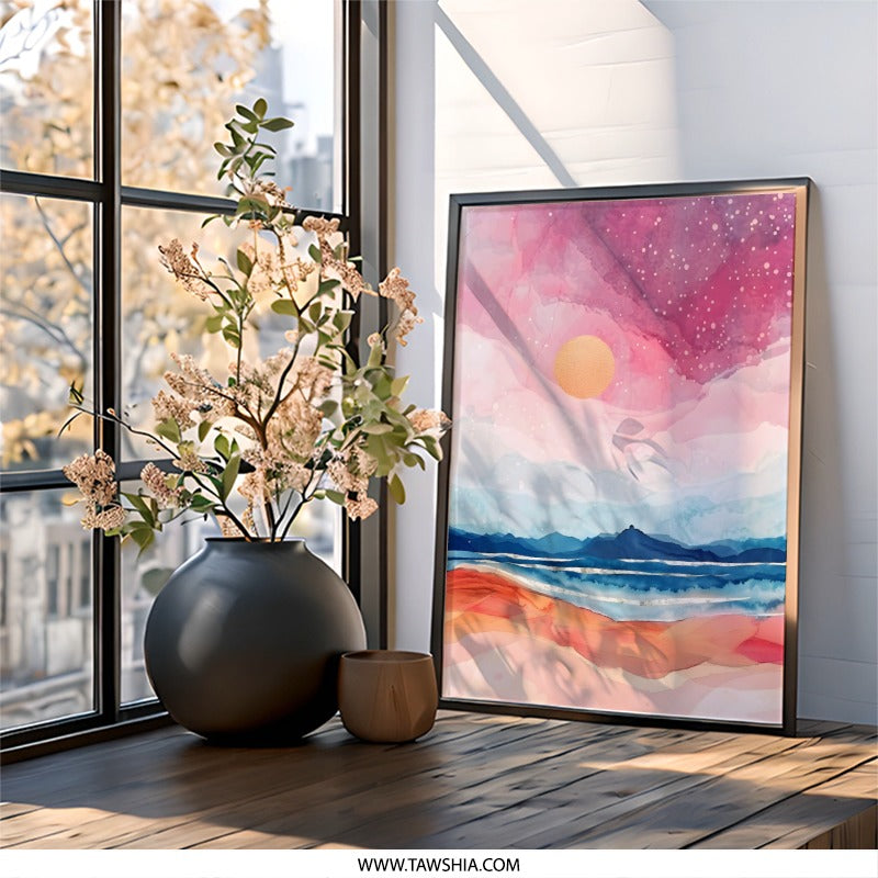 Watercolor Sunset Wall Art, Coastal Scenery Print, Abstract Ocean Landscape, Dreamy Pink Sky Painting, Modern Home Decor, Nature Inspired - Tawshia