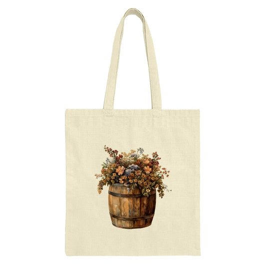 Floral Barrel Tote Bag, Rustic Flower Design, Farmhouse Style Bag, Botanical Art Tote, Nature Lover Gift, Trendy Everyday Bag - Tawshia