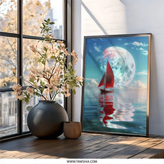 Red Sailboat Wall Art, Moon Art Print, Nautical Theme Decor, Dreamy Seascape Wall Decor, Gift for Sailor, Fantasy Boat Poster - Tawshia