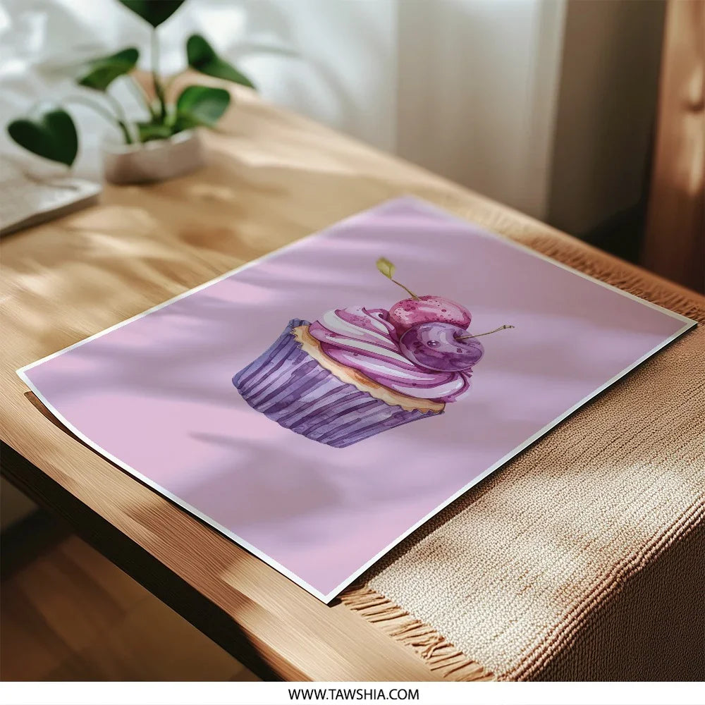 Cupcake Photographic Prints, Purple Cherry Art Print, Food Wall Decor, Sweet Treat Poster, Kitchen Art, Whimsical Print, Yummy Wall Art - Tawshia