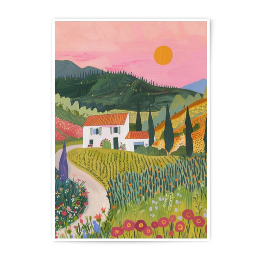 Tuscany Villa Photographic Print, Italian Landscape Art, Sunset Painting, Cottage Wall Decor, Countryside Home Art Print, Scenic View - Tawshia