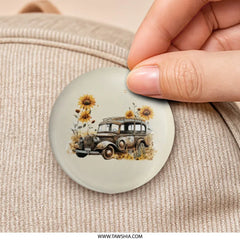 Vintage Car Pinback Button, Sunflower Button, Rustic Vehicle Button, Antique Car Gift, Classic Car Lover Gift, Aesthetic Accessories - Tawshia
