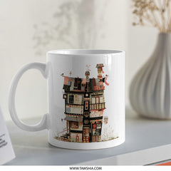 Quirky House Mug, Unique Home Gift, Whimsical Building Art Mug, Colorful Architecture Coffee Cup, Funky Urban Dwelling, Eclectic Decor Mug - Tawshia