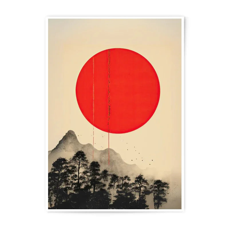 Japanese Sunset Photographic Print, Red Sun Art Print, Mountain Landscape Wall Decor, Minimalist Asian Art, Home Decor, Office Decor - Tawshia