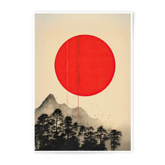 Japanese Sunset Photographic Print, Red Sun Art Print, Mountain Landscape Wall Decor, Minimalist Asian Art, Home Decor, Office Decor - Tawshia